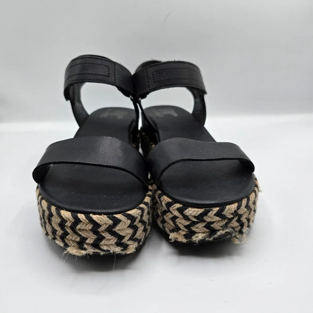 Sorel‎ Black Leather Espadrille Flatform Ankle Strap Platform Sandals 7.5